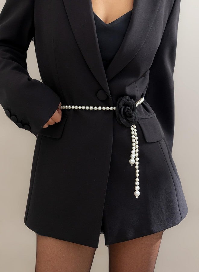 MarveBard Flower Pearl Waist Chain Vintage Camellia Waist Chain Cute Pearl Dress Pendant Adjustable Flower Belt for Wedding Bridal Dress Belt for Women (Black) - Image 2
